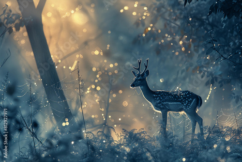 Portrait of a deer early in the morning in a forest surrounded by the fireflies 