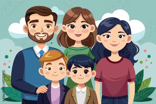 A family of four, consisting of two adults and two children, standing side by side in a customizable cartoon illustration, Family Customizable Cartoon Illustration