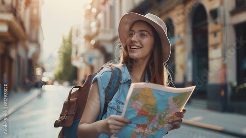 Cheerful woman wanderer with trendy look searching direction on location map while traveling abroad in summer happy female tourist searching road to hotel on atlas in a foreign city du : Generative AI