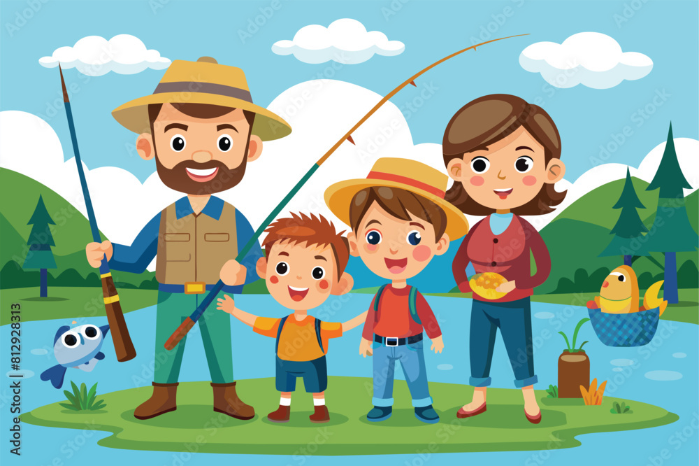 A family consisting of parents and children is fishing together in a river, Family fishing Customizable Cartoon Illustration A family consisting of parents and children is fishing together in a river, Family fishing Customizable Cartoon Illustration