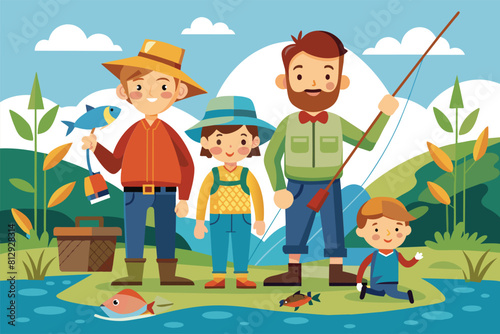 A man and two boys are fishing with their dad by a lake on a sunny day  Family fishing Customizable Disproportionate Illustration