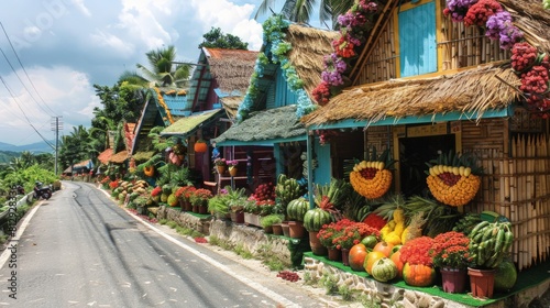 The Pahiyas Festival in the Philippines held in July in honor of Saint Isidore the Laborer featuring houses decorated with colorful kiping and agricul