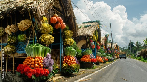 The Pahiyas Festival in the Philippines held in July in honor of Saint Isidore the Laborer featuring houses decorated with colorful kiping and agricul photo