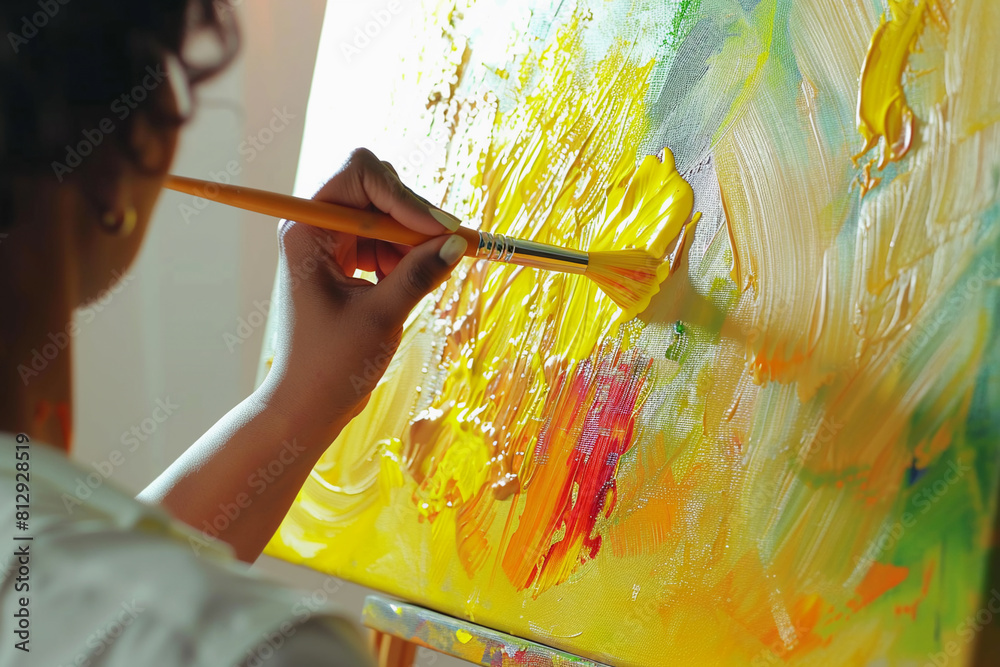 Black African American woman painting a picture with yellow oil paints. Art, creativity and inspiration concept. Black African American woman painting a picture with yellow oil paints. Art, creativity and inspiration concept.