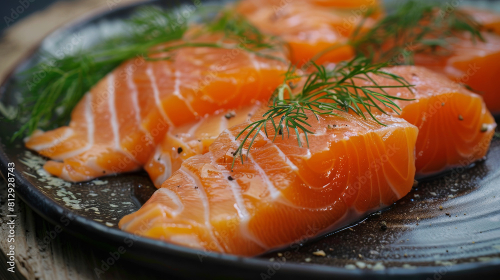 Succulent raw salmon slices with fresh dill on a textured ceramic plate, perfect for gourmet dining Succulent raw salmon slices with fresh dill on a textured ceramic plate, perfect for gourmet dining
