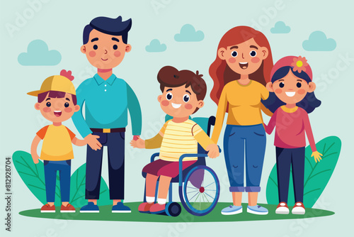 Diverse group of individuals, including a family with a disabled child, stand side by side, Family with a disabled child Customizable Cartoon Illustration