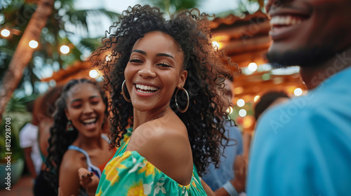 Cheerful smiling African American girl with curly hair dancing with group of friends on a summer open air fest. photo