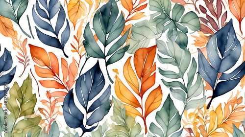 Watercolor leaves seamless vector pattern. Line leaf background  textured jungle print