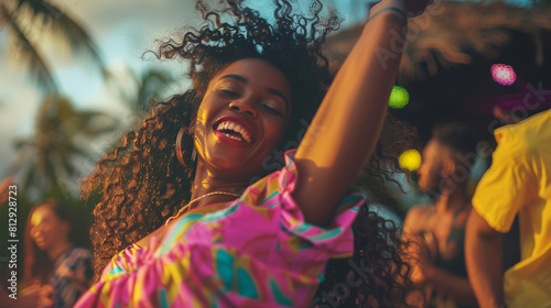 Cheerful smiling African American girl with curly hair dancing with group of friends on a summer music concert.