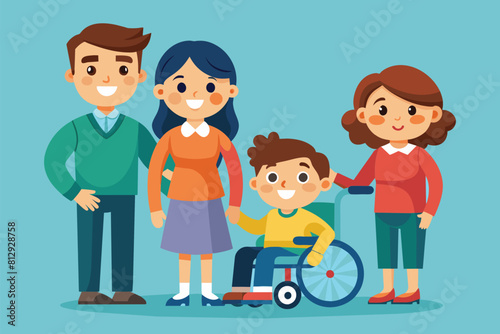 A family with a child in a wheelchair spending time together outdoors, Family with a disabled child Customizable Cartoon Illustration