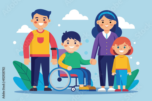 A man in a wheelchair is accompanied by two children and an adult, Family with a disabled child Customizable Flat Illustration