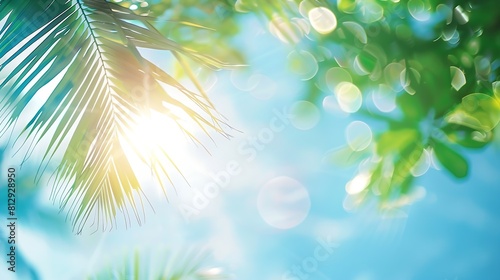 Blurred summer natural marine tropical blue background with palm leaves and sunbeams Sea and sky with white clouds Copy space summer vacation concept : Generative AI