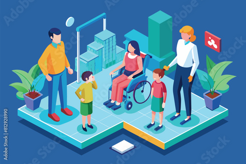 A diverse group of individuals gathered around a middle-aged man in a wheelchair outdoors, Family with a disabled parent Customizable Isometric Illustration