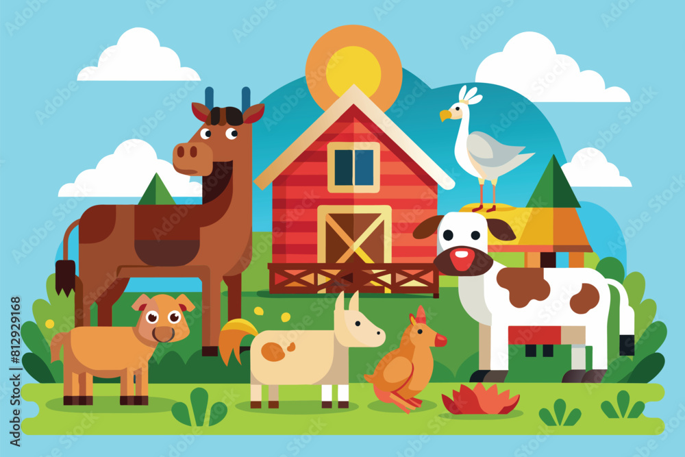 Various farm animals are in the scene with a barn in the background, Farm animals Customizable Flat Illustration Various farm animals are in the scene with a barn in the background, Farm animals Customizable Flat Illustration