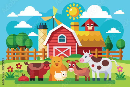 A farm scene featuring various farm animals in a barn setting  Farm animals Customizable Flat Illustration
