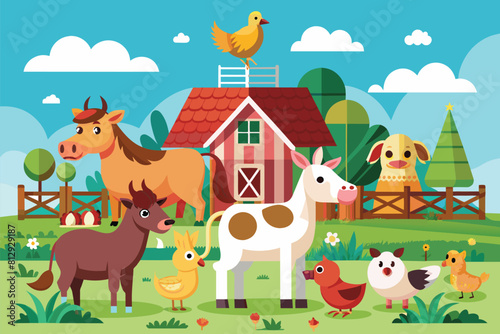 A farm scene featuring various farm animals and chickens in a rural setting, Farm animals Customizable Semi Flat Illustration