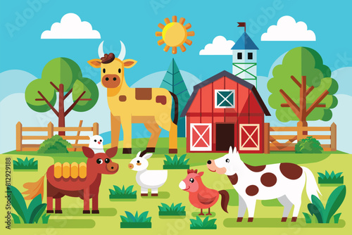 Cows and chickens on a farm with a red barn in the background  Farm animals Customizable Semi Flat Illustration