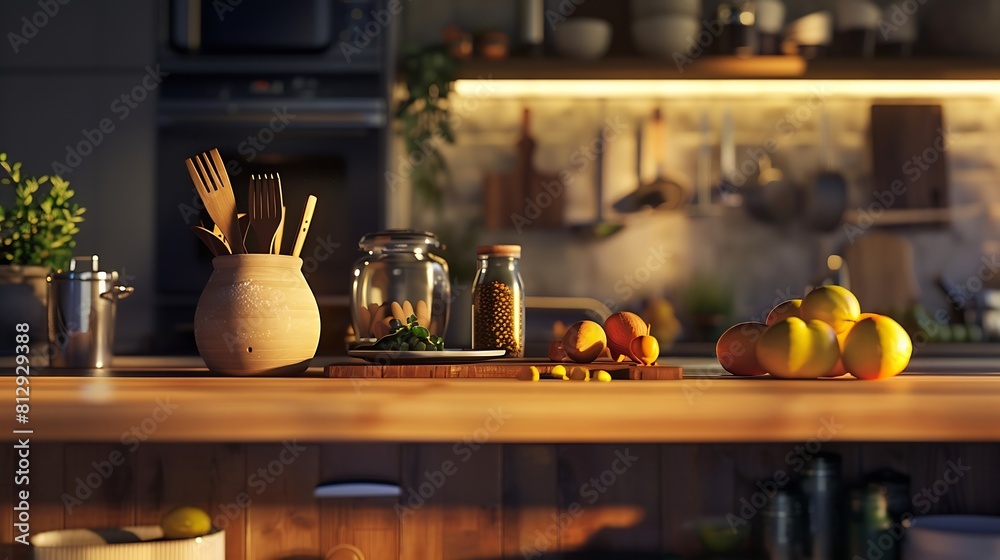 Obraz premium Kitchen stand for product presentation with utensils on wooden table : Generative AI