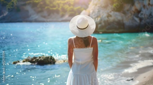 A tourist woman in white dress and hat enjoys the beautiful beach of Petani Kefalonia island Greece during her summer holiday time : Generative AI