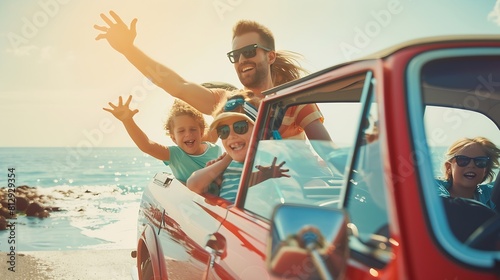 Holiday and travel family concept Summer vacationsHappy family enjoying road trip with their favorite car Parents and children are traveling the way to the sea or ocean : Generative AI