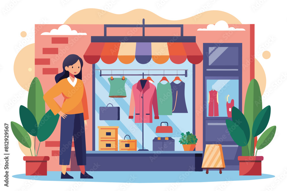 Naklejka premium A woman is standing outside a fashion shop, looking at the displayed items, Fashion shop Customizable Flat Illustration
