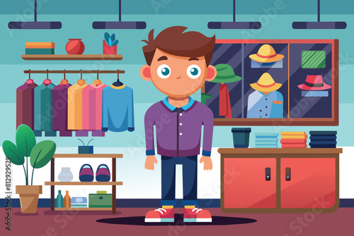 A man standing in front of a closet filled with a variety of clothing items, Fashion shop Customizable Cartoon Illustration