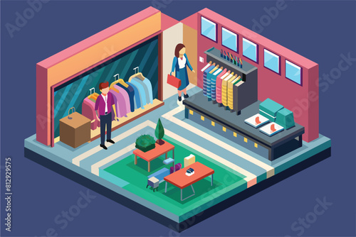 A man and woman are looking through clothing items in a fashion store, surrounded by racks of clothes, Fashion shop Customizable Isometric Illustration