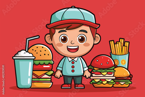 A boy is standing next to a large pile of food items, including burgers, fries, and soda, Fast food Customizable Cartoon Illustration