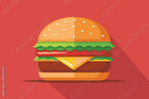 A fast food hamburger placed on a red background, casting a long shadow on the surface, Fast food Customizable Semi Flat Illustration