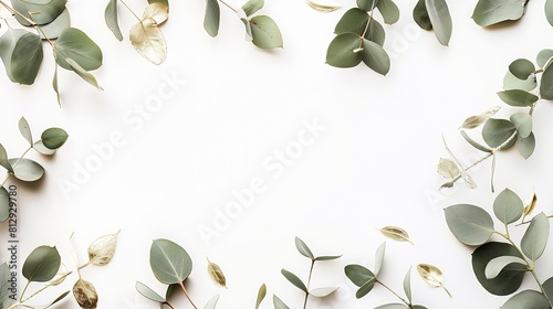 Borders of the frame of gold branches eucalyptus leaves on a white background flat layout top view : Generative AI photo