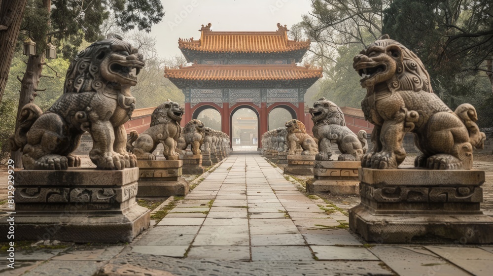 The Zhaoling Tomb in Shenyang China part of the Ming dynasty tombs known for its large stone sculptures of animals leading to the mausoleum set within