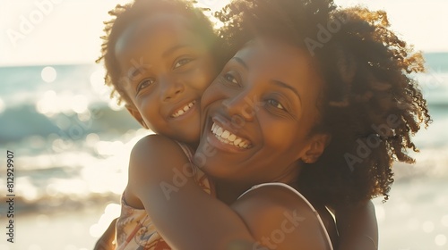 Smiling young black mother and beautiful daughter having fun on the beach with copy space Portrait of happy sister giving a piggyback ride to cute little girl at seaside Lovely kid emb : Generative AI