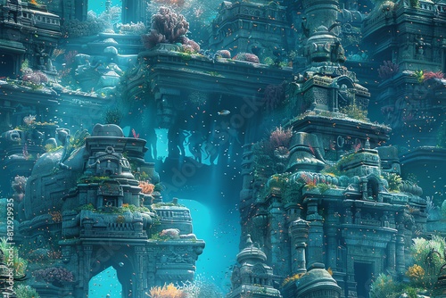 Embark on an archaeological robotic expedition in a surrealistic underwater world Capture the eye-level angle showcasing intricate details of ancient ruins