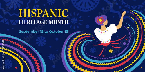 Hispanic heritage month. Vector web banner, poster, card for social media, networks. Greeting with national Hispanic heritage month text, flowers and dancing woman on floral pattern blue background