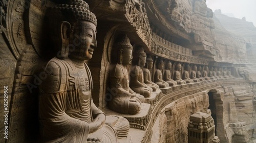 The Yungang Grottoes in Datong China an impressive collection of ancient Buddhist temple grottoes carved into the mountainside featuring statues and r photo