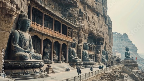 The Yungang Grottoes in Datong China an impressive collection of ancient Buddhist temple grottoes carved into the mountainside featuring statues and r photo