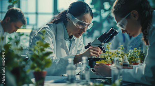 A team of biologists studying plant samples, microscopes and notes on the table.