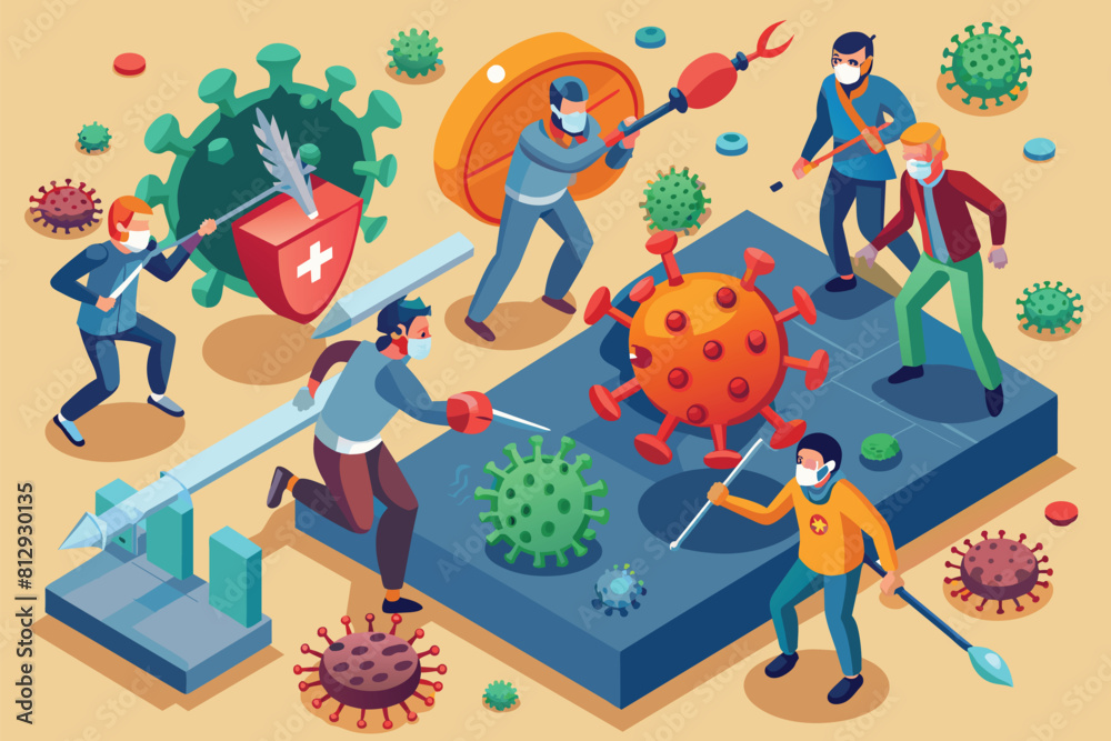 Fototapeta premium Group of People Wearing Masks and Holding Tools, Fighting against coronavirus Customizable Isometric Illustration
