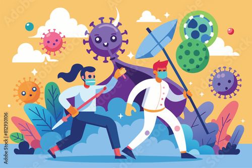 A man and a woman actively fighting against the spread of the coronavirus, taking necessary precautions, Fighting against coronavirus Customizable Flat Illustration