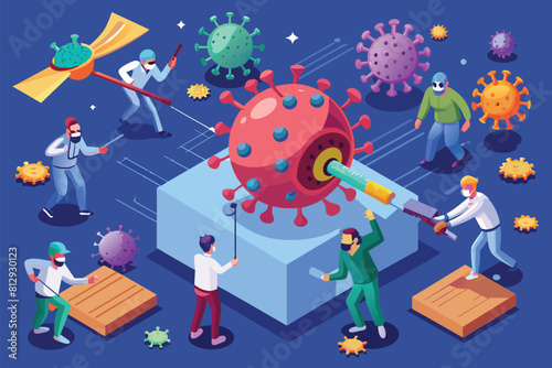 A group of individuals gathered around a corona corona, discussing strategies for fighting against coronavirus, Fighting against coronavirus Customizable Isometric Illustration