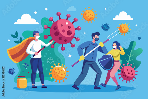 A group of individuals wearing masks and holding a shield in defense against the coronavirus, Fighting against coronavirus Customizable Semi Flat Illustration