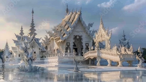 The Wat Rong Khun temple in Chiang Rai Thailand also known as the White Temple a contemporary unconventional Buddhist temple designed by artist Chaler photo