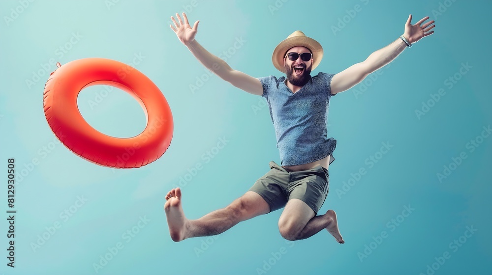© Generative AI - Happy funny energetic excited man office worker in a sun hat sunglasses and beach ring jumping and having fun in the office Summer holiday vacation work leave annual leave concept : Generative AI