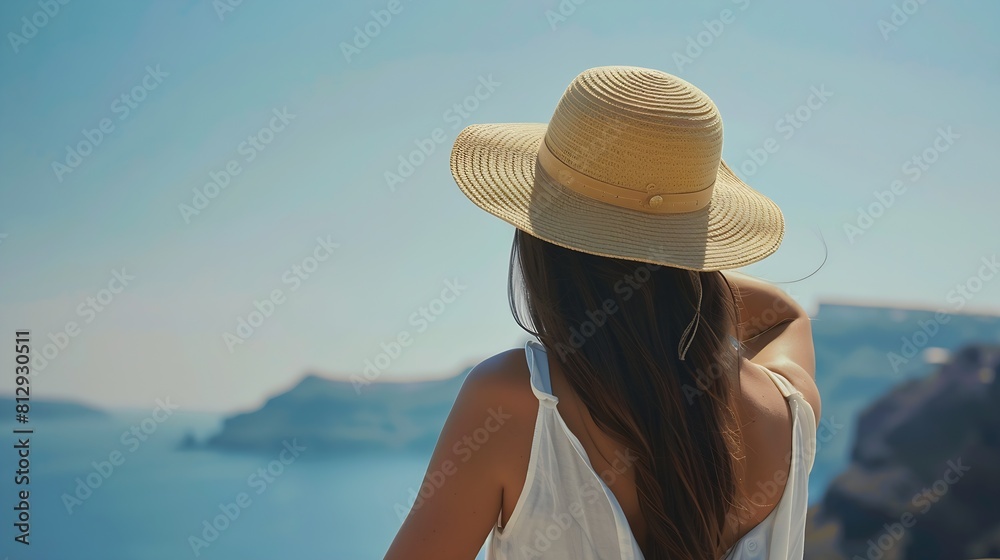 Summer holiday with  young woman in hat at  happy freedom lifestyle in Aegean sea mediterranean at Santorinigreece : Generative AI