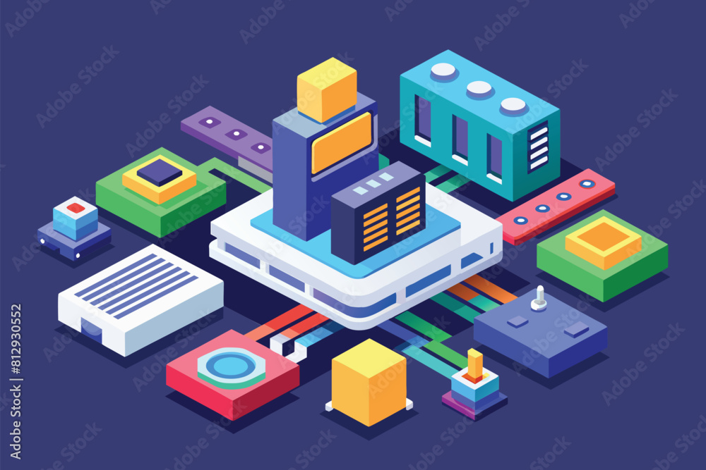 Fototapeta premium Various types of electronic gadgets such as laptops, smartphones, tablets, and cameras are arranged in a group, Firmware Customizable Isometric Illustration