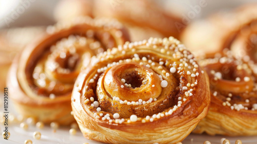 Close-up image of swedish kanelbullar, traditional cinnamon buns topped with pearl sugar, perfect for fika or breakfast pastry display photo