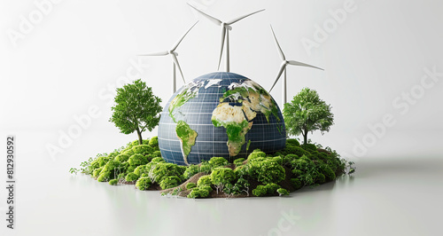The earth surrounded by green bushes, trees and windmills isolated on a white background with copy space for text