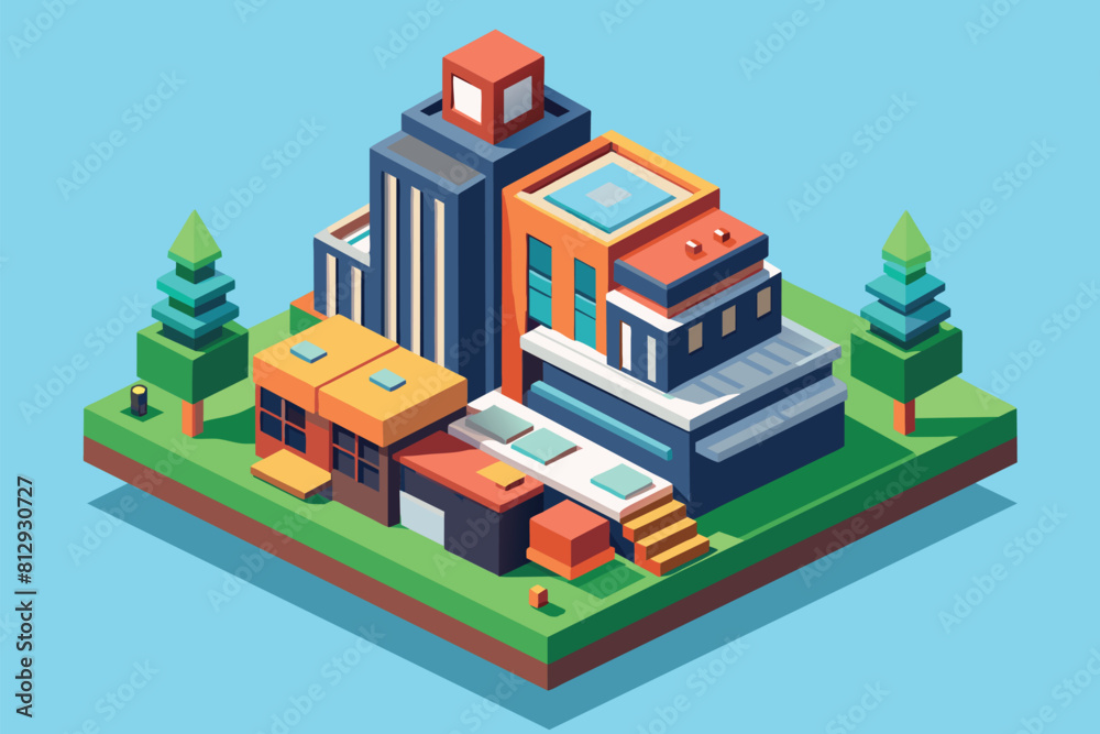A tall building with a clock at the top, standing in a bustling cityscape, First class Customizable Isometric Illustration A tall building with a clock at the top, standing in a bustling cityscape, First class Customizable Isometric Illustration