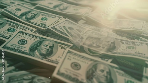Many one hundred and fifty dollar bills on flat background surface close up Flat lay top view Abstract success or business concept : Generative AI