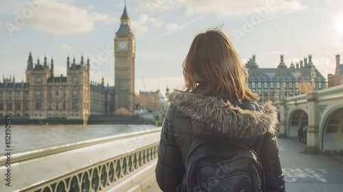 Tourism in London Back view of traveler girl enjoying sight of Westminster palace and bridge on Thames with famous Big Ben tower in London UK : Generative AI photo